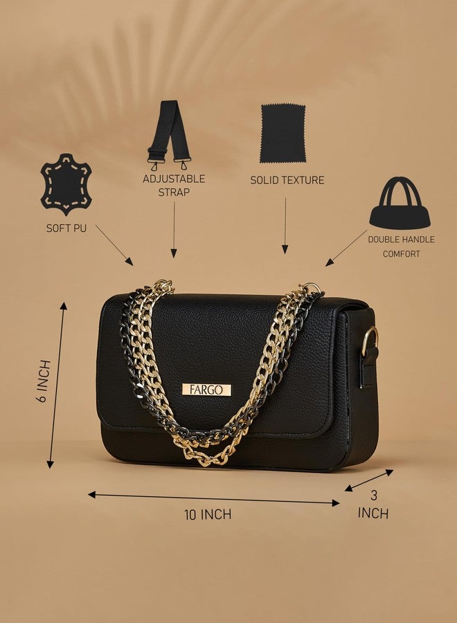 Fargo Women Leather Crossbody Sling Bag with Chain Strap (Black) - Image 2